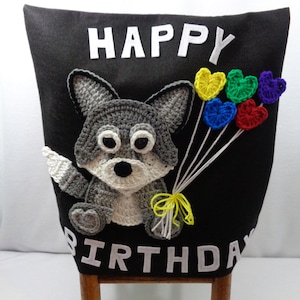 Happy Birthday Chair Cover for the Classroom or Home, Small Felt Crochet Chair Cover with Wolf, MADE TO ORDER, Gift for Teacher