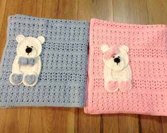 Pink or Blue Baby Blanket, Teddy Bear Afghan, Gift for Baby Shower, Gift for Twins, Boy and Girl, White Bear Blanket
