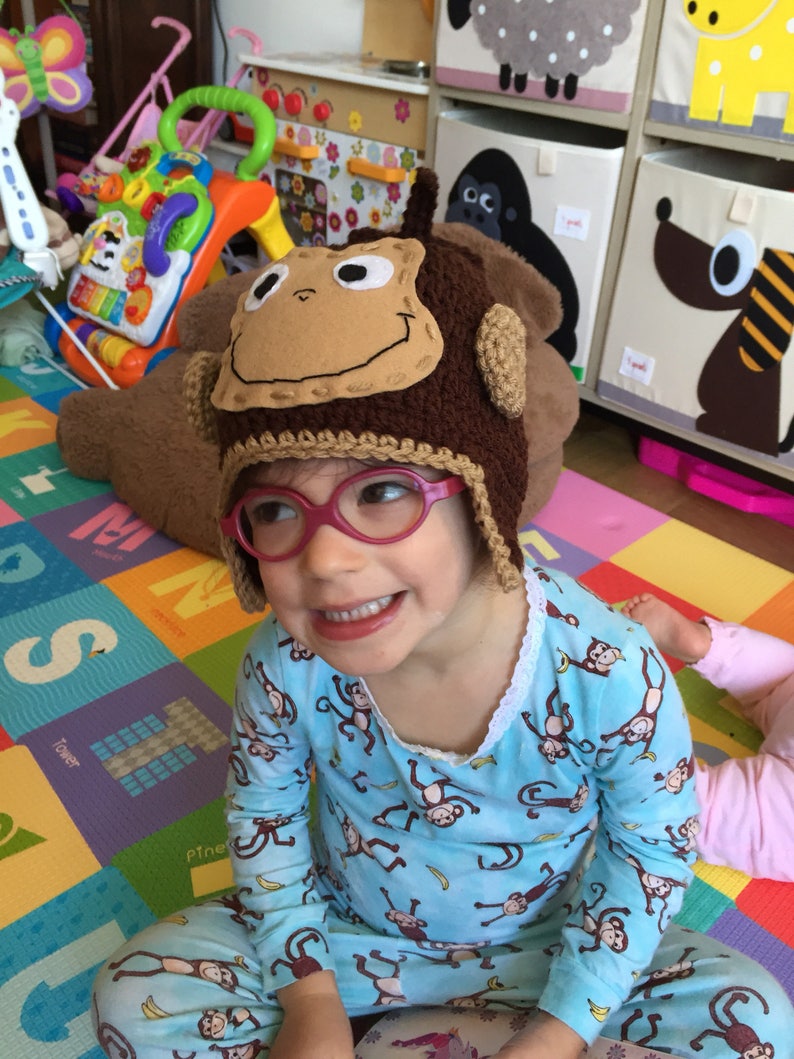 Crochet Baby Beanie with Ears and Face MADE TO ORDER by Charlene Brown Earflap Hat Curious George Hat Brown Monkey Hat Gift for Baby