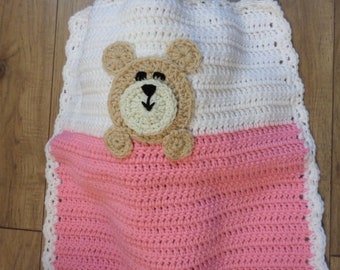 Crochet Doll Blanket with Teddy Bear, 18 Inch Doll Blanket, Gift for Girl, Easter Present for Granddaughter, Pink Blanket
