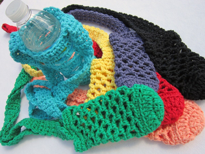 May include: A set of six crocheted bottle holders in various colors, including turquoise, green, yellow, purple, red, and peach. The holders are made with a simple, open-stitch pattern and are designed to fit standard-sized water bottles.