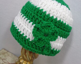 St. Patrick's Day Cap, St. Patty's Day Baby Hat, Crochet Beanie MADE TO ORDER, March Baby Shower Gift, Green and White Hat with Clover