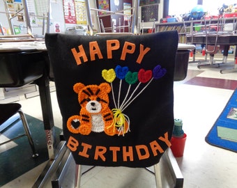 Happy Birthday Chair Cover for the Classroom or Home, Smaller Elementary Felt and Crochet Chair Cover with Tiger, MADE TO ORDER
