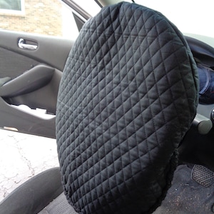 Black Quilted Steering Wheel Cover with Crochet Edging