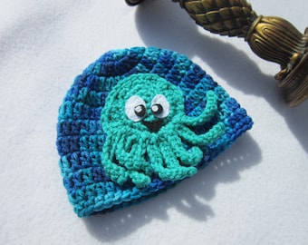 Blue Baby Hat with Octopus, Green Octopus on a Beanie Cap, MADE TO ORDER by Charlene, Photo Prop, Ocean Theme New Baby Hat