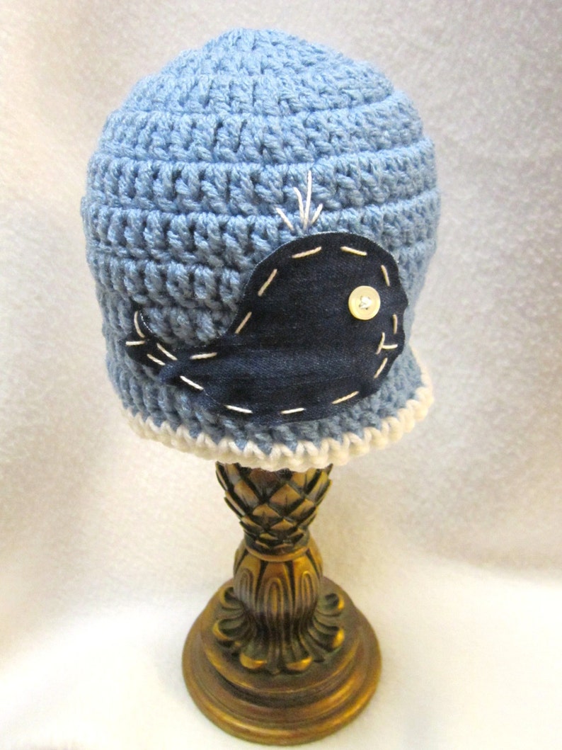 Whale Baby Hat, Crochet Denim Ocean Whale Cap, MADE TO ORDER Baby Photo Prop, Blue Baby Beanie, Gift for Boy, Home from Hospital Newborn image 4