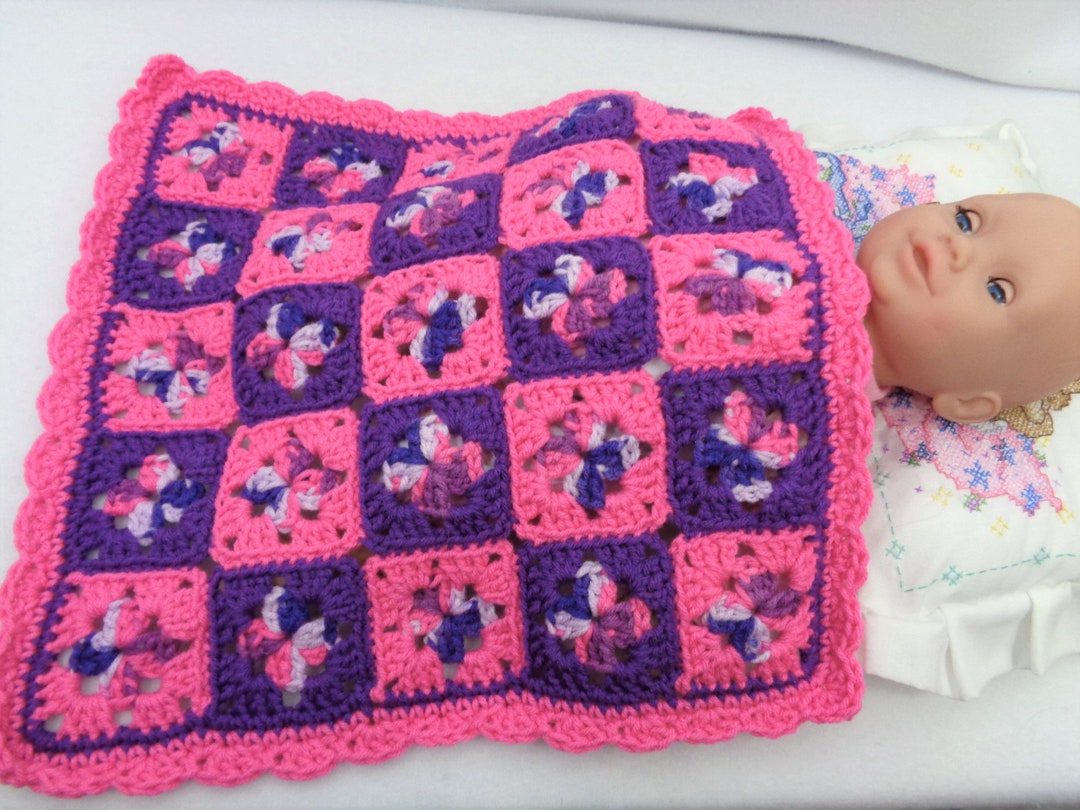 Pink and Purple Baby Doll Blanket, Crochet 18 Inch Doll Afghan