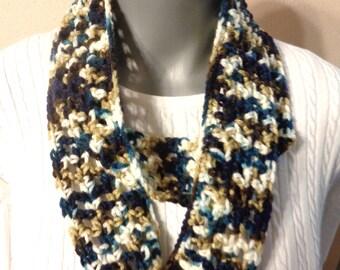 Blue, Tan, Brown and White Scarf, Infinity Scarf, Neckwear with Soft Yarn, Gift for Mom, Fall and Winter Accessory