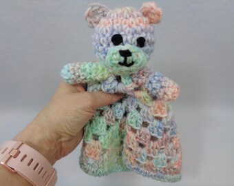 Colorful Teddy Bear Lovey, Baby Shower Gift for Boy or Girl,  Pastel Bear Security Blanket, Toddler Present, New Baby Present, READY TO SHIP