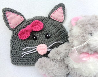 Gray Kitty Cat Baby Hat, Crochet Feline Cap, MADE TO ORDER by Charlene, Baby Photo Prop, Gift for Baby Girl, Shower Gift for Cat Lover