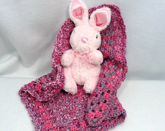 Pink Bunny Rabbit with Crochet Blanket,Easter Present for Little Girl, Doll Afghan, Crochet Granny Square