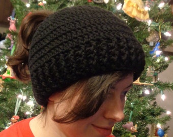 Crochet Ponytail Hat, Black Messy Bun Cap, Winter Wear by Charlene, Unisex Beanie, Present for Busy Mom, MADE TO ORDER by Charlene