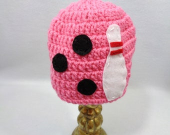 Crochet Pink Bowling Cap, Bowling Ball and Pin Baby or Childs Hat, Photo Prop, Winter Wear for Baby or Adult, Pink Beanie for Any Bowler