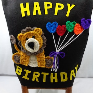 Happy Birthday Chair Cover for the Classroom or Home, Small Primary Felt and Crochet Chair Cover with Lion, MADE TO ORDER, Gift for Teacher image 1