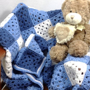 Crochet Blue Baby Blanket, Gingham Granny Square Afghan, Blue Gingham Baby Afghan, Baby Boy Blanket, Blue and White, by Charlene image 1