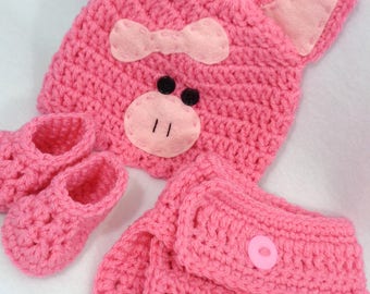 Little Pink Pig Cap with Diaper Cover and Booties, Piggy Baby Hat, Halloween Farm Animal Hat, MADE TO ORDER by Charlene, Gift for Baby Girl