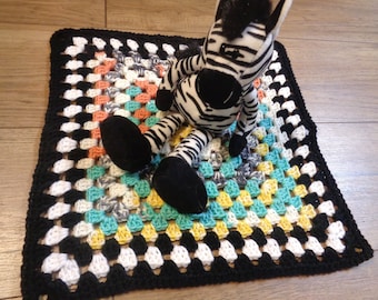 Doll Blanket with or without Stuffed Zebra, Crochet Blanket, Present for Little Girl or Boy, Doll Afghan, Crochet Granny Square, Home Decor