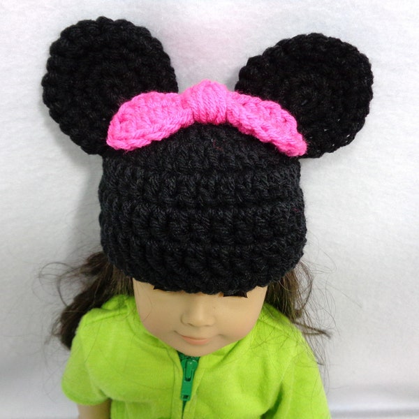 18 Inch Doll or Newborn Hat, Black Mouse Ears Beanie with Bow for American Girl, Winter Cap, Minnie Mouse Inspired, Gift for Girl