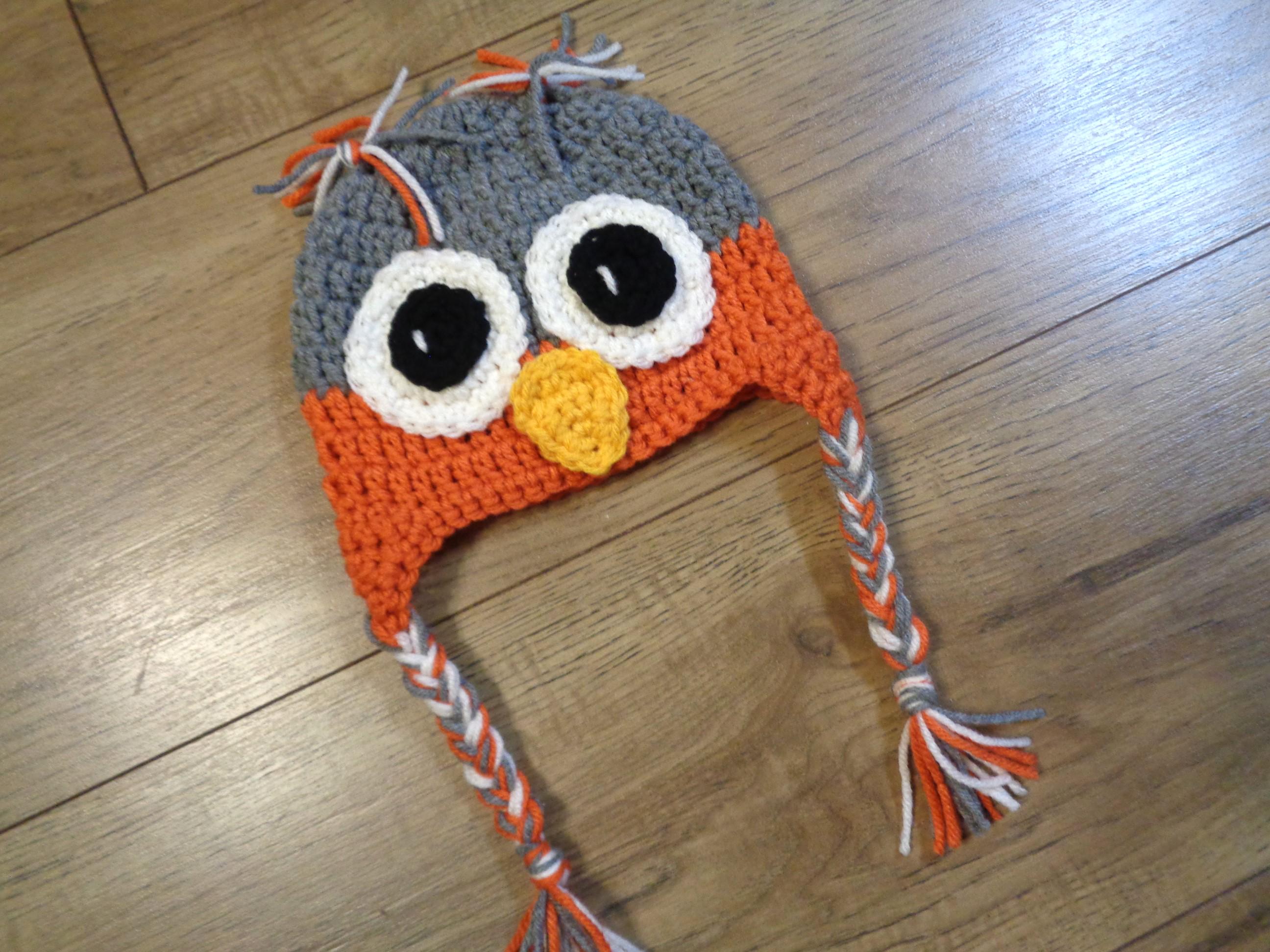 Crochet Owl Hat: Gray and Rust Fall or Winter Cap, All Sizes