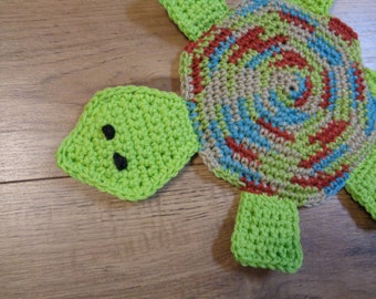 Turtle Hot Pad, Tortoise Trivet for Kitchen, Tan, Blue and Green Hostess Gift. Turtle Collector Gift, Crocheted by Charlene, READY TO SHIP