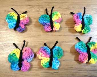 Crocheted Colorful Butterflies, Set of Six Butterfly Appliques for DIY Projects