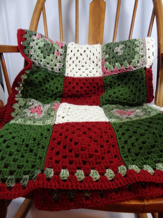 Crochet Granny Square Christmas Afghan: Red, Green, and Off-white
