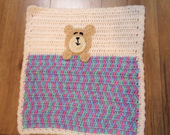 Crochet Doll Blanket with Teddy Bear, 18 Inch Doll Blanket, Gift for Girl, Easter Present for Granddaughter, Pink Blanket