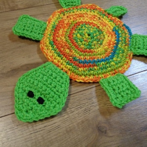 Turtle Hot Pad Crocheted Spring Colors Pot Holder, Gift for Teacher, Fun Kitchen Accessory, Present for Friend, Orange and Green