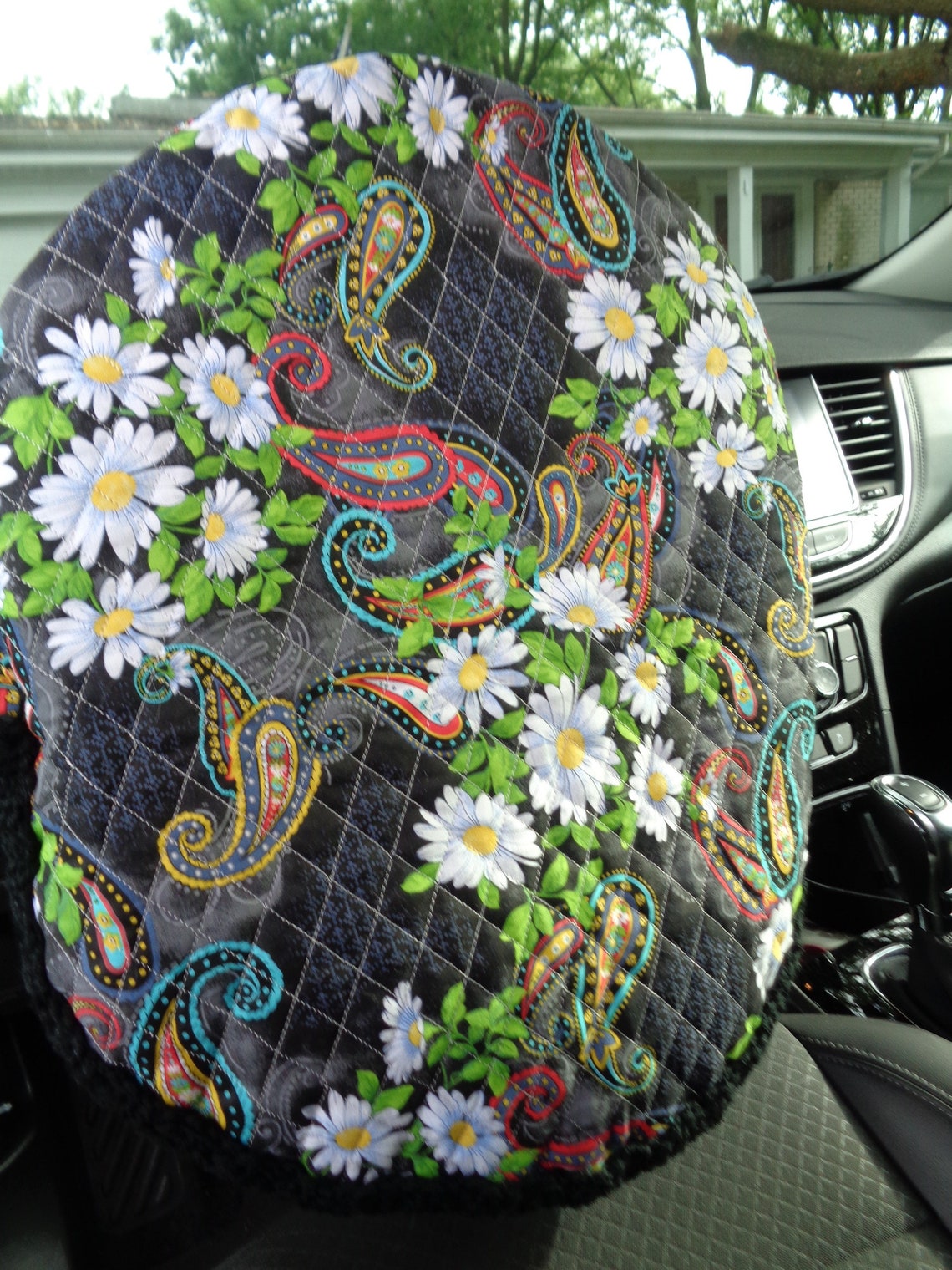 Black Quilted Steering Wheel Cover With Flowers Paisley Gift Etsy