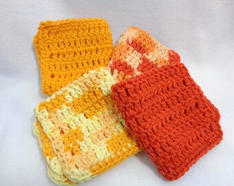 Cotton Dishcloths, Kitchen Washcloths in Yellow and Orange, Sunshine Theme Kitchen, Gift for Mom, Present for Teacher, Set of Two or Four