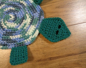 Turtle Trivet, Crocheted Pot Holder, Gift for Teacher, Fun Kitchen Accessory, Present for Friend, Blue and Green Turtle Decor