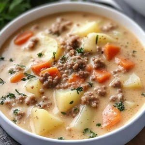 Receta de sopa cremosa de hamburguesa de papa en olla de cocción lenta (descarga digital)