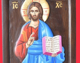 Jesus Teaching Religious Icon on Curved Wood Relief 8.5X17 Inches