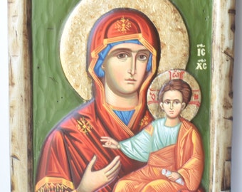 Panagia Holding Jesus Religious Icon on Curved Wood Relief 25X37 cm