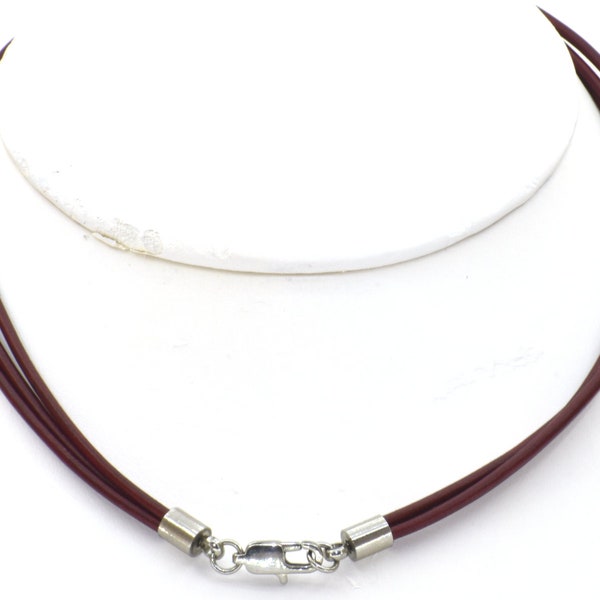 Collier cordon en cuir marron composé de 3 rangs de cordon en cuir rond grec de 1,8 mm - Fermoir plaqué argent