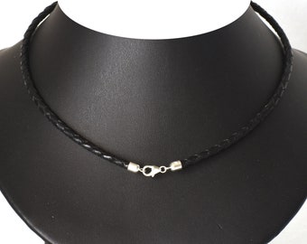 Stainless Steel  Clasp and Caps, 4 mm Black Braided Leather Cord Choker Necklace  Size up to 23" Contact us for other colors