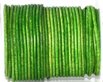May include: A bundle of green leather cords. The cords are a vibrant green color with lighter green and yellow variations. The cords are tightly packed together, creating a textured surface. The overall appearance is natural and organic.