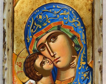 Religious Icon, Hagiography, Mother of God Relief Hand Painted 50 x 30 cm Authenticity Certificate