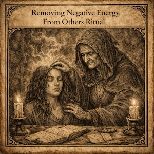 Op de afbeelding: Sepia-kleurige illustratie van een ritueel. De tekst bovenaan luidt "Removing Negative Energy From Others Ritual". Een persoon met gesloten ogen heeft een hand op het hoofd, waar energie van uitstraalt. Twee brandende kaarsen flankeren een open boek.