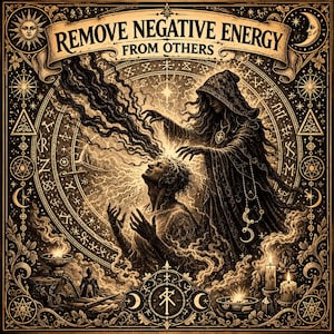 May include: A sepia-toned illustration featuring the text REMOVE NEGATIVE ENERGY FROM OTHERS. A hooded figure stands over a person, with dark smoke rising from the person's head. The scene is framed by intricate circular patterns, stars, and candles.