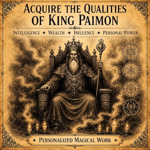 Puede incluir: Una impresión en tono sepia que muestra al Rey Paimon sentado en un trono con un cetro. El texto dice: ACQUIRE THE QUALITIES OF KING PAIMON, INTELLIGENCE, WEALTH, INFLUENCE, PERSONAL POWER y PERSONALIZED MAGICAL WORK. A la derecha hay cuatro sellos circulares.