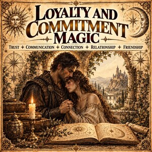Può includere: Un poster intitolato LOYALTY AND COMMITMENT MAGIC con le parole TRUST, COMMUNICATION, CONNECTION, RELATIONSHIP, FRIENDSHIP. Raffigura una coppia che si tiene per mano accanto a una candela e un libro aperto con diagrammi celesti.
