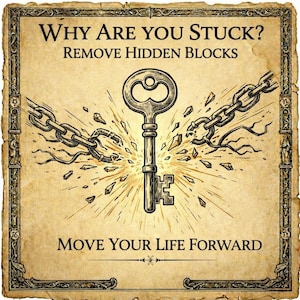May include: An antique-style illustration with the text "Why Are You Stuck? Remove Hidden Blocks. Move Your Life Forward." A key breaks chains, symbolizing freedom. The artwork is in sepia tones with a decorative border.