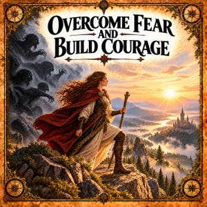Op de afbeelding: Een vierkante kunstdruk met de tekst OVERCOME FEAR AND BUILD COURAGE. Een figuur in een rode mantel en witte tuniek staat op een rotsachtige klif met een staf, kijkend naar een kasteel bij zonsopgang terwijl donkere schaduwwezens opdoemen.