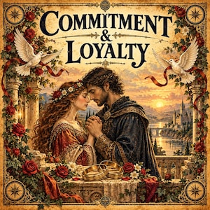 Puede incluir: Una impresión decorativa con el texto COMMITMENT & LOYALTY sobre una pareja con vestimenta medieval tomados de la mano. Dos palomas blancas vuelan arriba, rodeadas de rosas rojas y pilares de piedra. Dos anillos dorados descansan en una repisa.