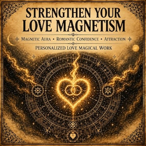 May include: A rectangular graphic print on aged parchment-style paper featuring the text STRENGTHEN YOUR LOVE MAGNETISM, MAGNETIC AURA, ROMANTIC CONFIDENCE, ATTRACTION, and PERSONALIZED LOVE MAGICAL WORK with a central glowing heart and rings.