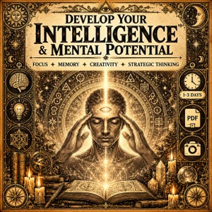 May include: A poster titled DEVELOP YOUR INTELLIGENCE & MENTAL POTENTIAL featuring a person with a third eye, surrounded by esoteric symbols, candles, books, and icons for focus, memory, creativity, strategic thinking, 1-3 days, PDF, and camera.