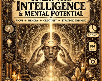 Pode incluir: Um cartaz intitulado DEVELOP YOUR INTELLIGENCE & MENTAL POTENTIAL apresentando uma pessoa com um terceiro olho, rodeada por símbolos esotéricos, velas, livros e ícones de foco, memória, criatividade, pensamento estratégico, 1-3 dias, PDF e câmara.
