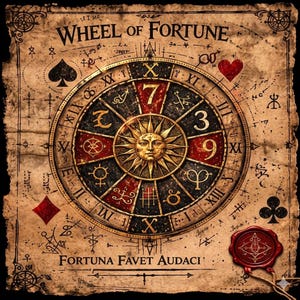 May include: A vintage-style Wheel of Fortune tarot card illustration. The design features a central wheel with Roman numerals, symbols, and a sun face. The text "WHEEL OF FORTUNE" and "FORTUNA FAVET AUDACI" are visible.
