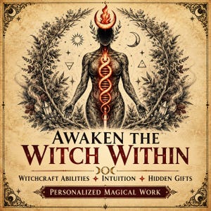 Pode incluir: Uma impressão quadrada com uma figura central com uma coluna vertebral de serpente laranja brilhante e uma coroa de lua crescente, rodeada por ilustrações botânicas. Texto: AWAKEN THE WITCH WITHIN, WITCHCRAFT ABILITIES, INTUITION, HIDDEN GIFTS, PERSONALIZED MAGICAL WORK.